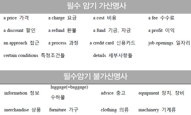 가산명사 불가산명사 꼭 암기해야할 토익 단어 정리