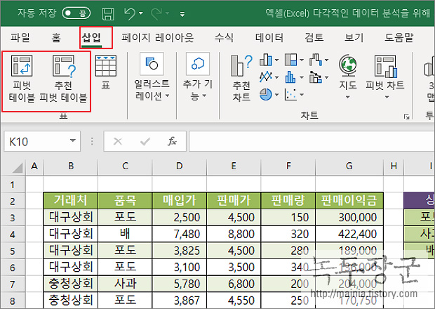  엑셀 Excel 데이터 분석을 위해 피벗 테이블 만들기