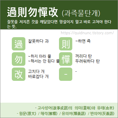 過則勿憚改(과즉물탄개) – 잘못을 저지른 것을 깨달았다면 망설이지 말고 바로 고쳐야 한다는 뜻.