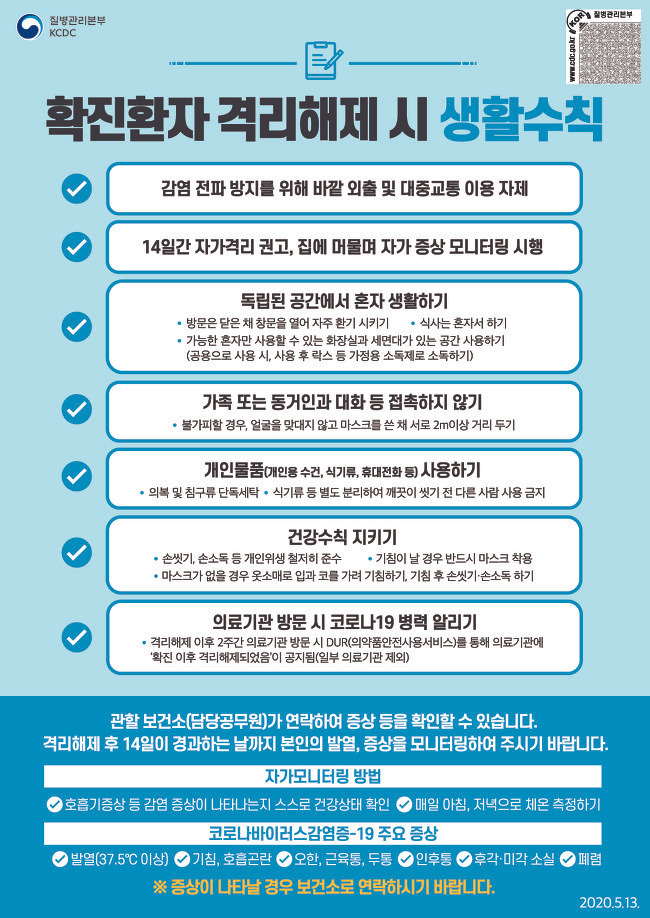 코로나19 확진환자 격리해제 시 생활수칙