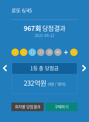 로또 967회 당첨번호(2021-06-12) 당첨결과 추천번호