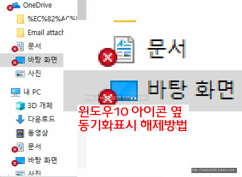 윈도우 아이콘 옆 동기화 표시 x표시 체크표시 해제하는법 - OneDrive