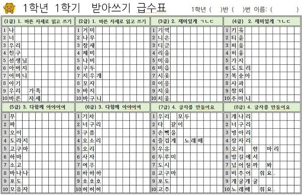 재능이의 교육정보 :: 초등학교 1학년 1학기 받아쓰기 급수표, 연습장