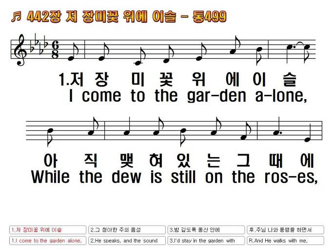 새찬송가(한영) 442장 저 장미꽃 위에 이슬 I Come to the Garden Alone 통합찬송가 499장 NWC 무배경 PPT악보 :: Praise & Worship Service