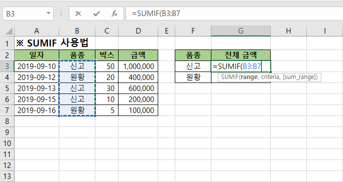 엑셀 조건에 맞는 데이터의 합을 구하기 - SUMIF