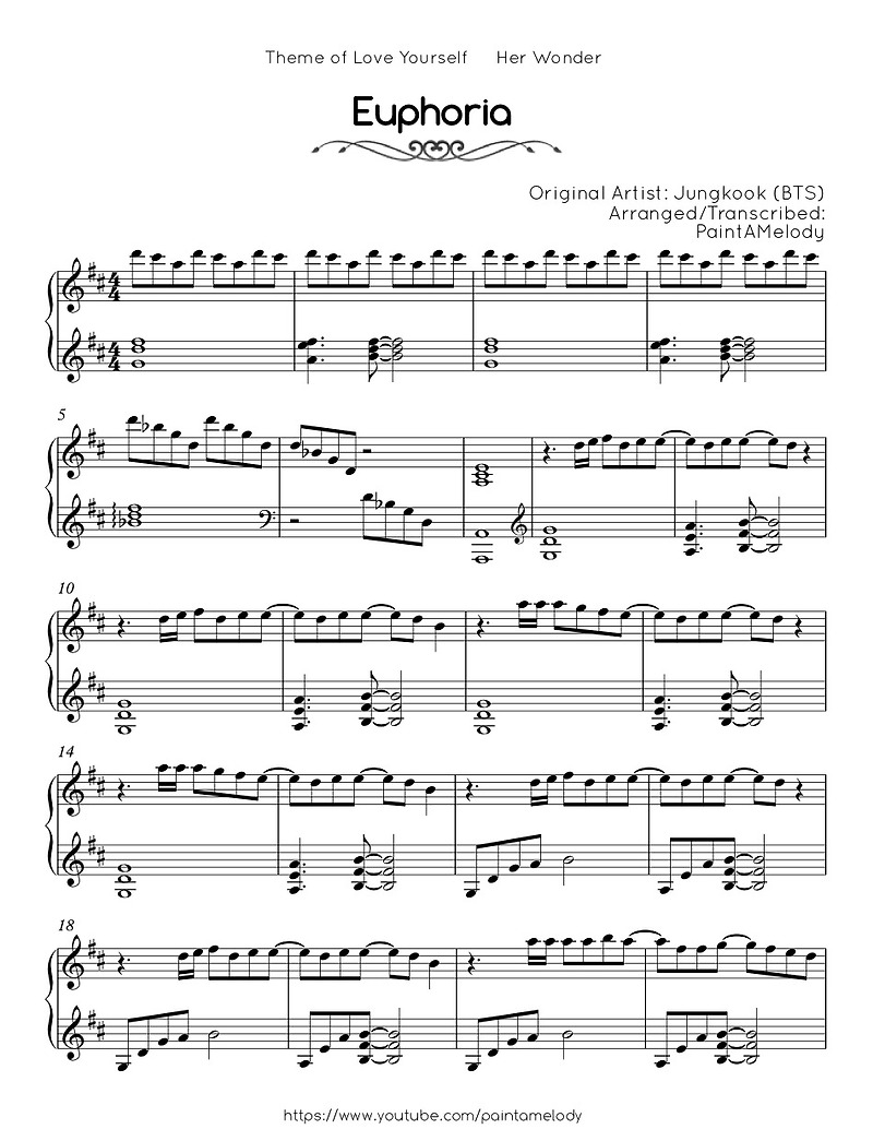 BTS(방탄소년단) Euphoria(유포리아) 피아노 커버 악보 PDF 다운 (Theme of