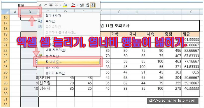 엑셀 셀 늘리기, 열너비 행높이 넓히기. - 내가아는일상이야기