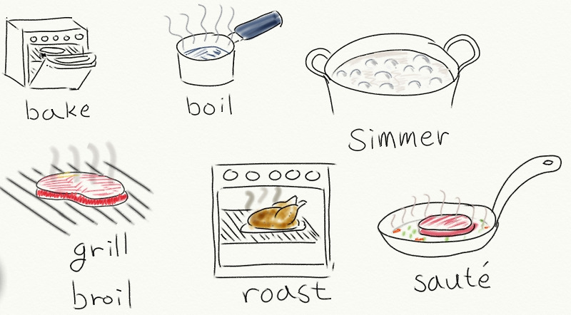 5분영어 - cooking style - bake, boil, broil, grill, roast, saute, simmer