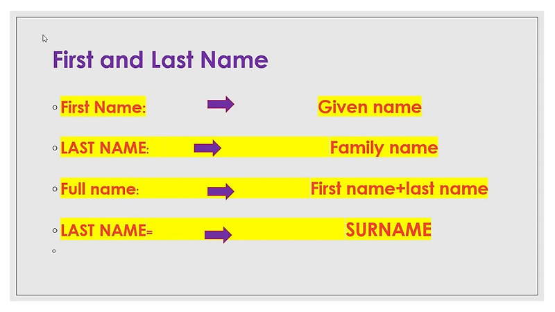 성,이름 영어로 -(first name, last name, surname, family name, given name 뜻)