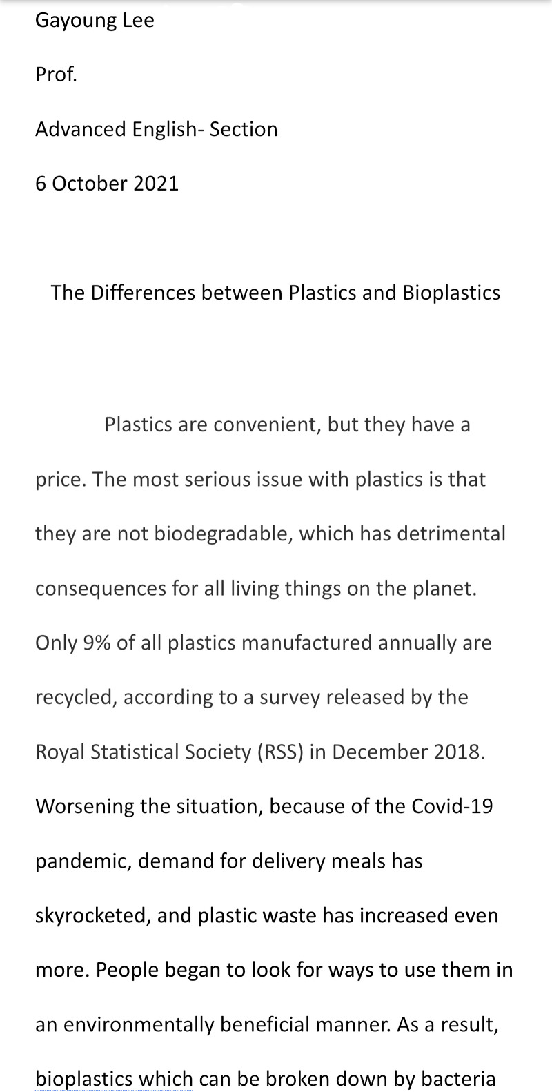 고급영어]만점받은 영어에세이 예시-아카데믹라이팅, Contrast Essay:The Differences Between Plastics  And