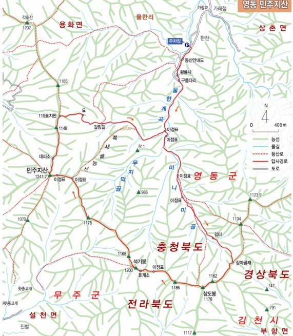 영동 민주지산(眠周之山) (1,241.7m) 등산코스(등산지도)