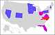 출처: 2012년 미국 대선의 ‘보라색 주'(빨강: 롬니가 0~4% 차로 승리한 주, 보라: 오바마가 0~4% 차로 승리한 주, 파랑: 오바마가 4~8% 차이로 승리한 주, 출처: 위키미디어 CC BY SA 3.0)