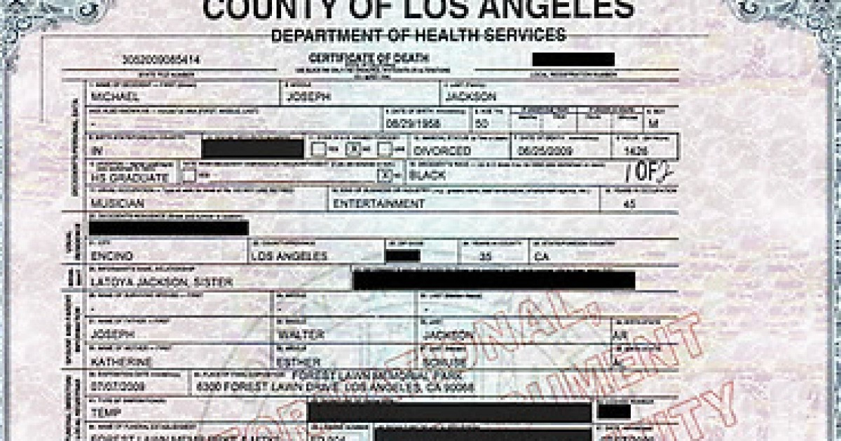 USA MICHAEL JACKSON DEATH CERTIFICATE