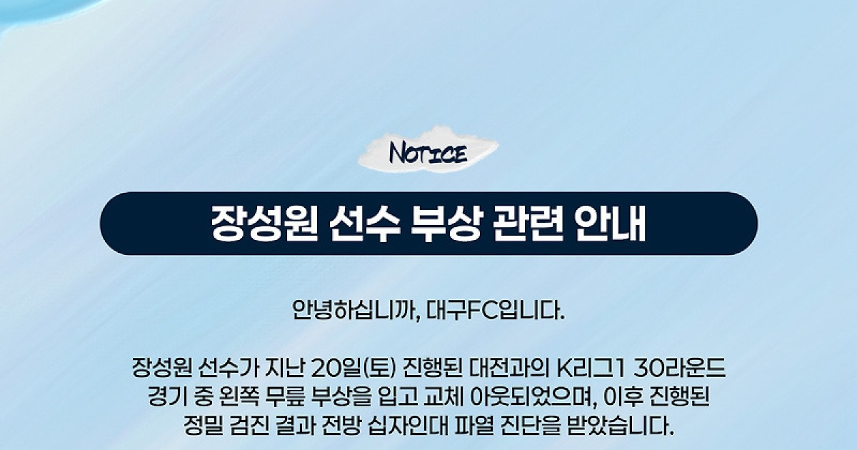 [공식발표]'대구FC 안 풀린다' 장성원, 전방 십자인대 파열 '시즌 아웃'