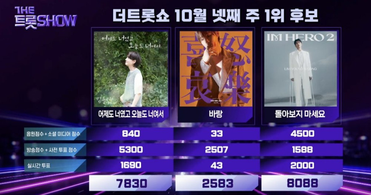 임영웅, '돌아보지 마세요'로 김용빈・김희재 꺾고 '더트롯쇼' 1위