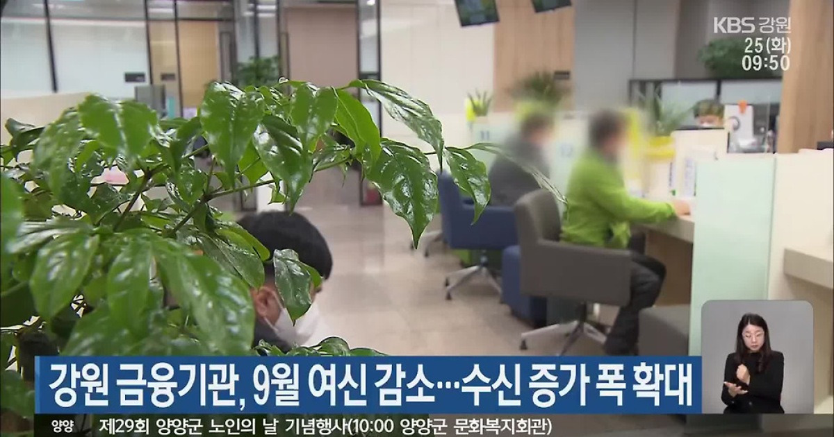 강원 금융기관, 9월 여신 감소…수신 증가 폭 확대
