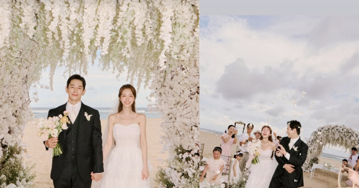 온주완, ♥방민아 부케 들고..영화 같은 발리 결혼식 사진 공개 [스타이슈]