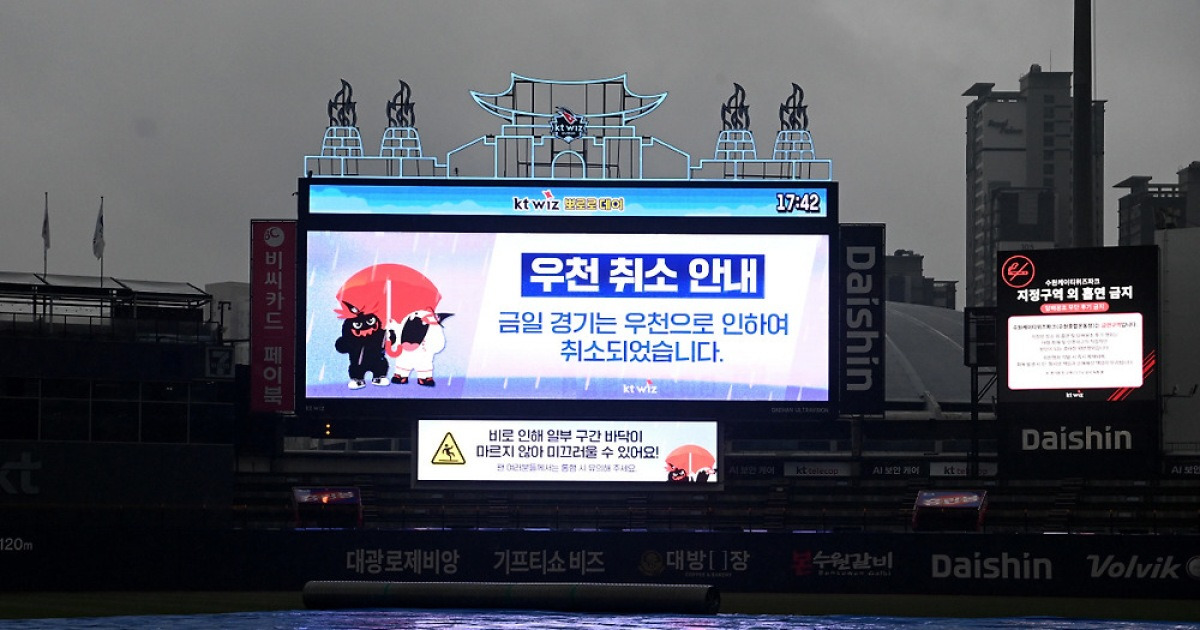 달아오른 야구 열기, 야속한 비가 식혔다…수원 롯데-KT전 우천 취소 → 박세웅vs고영표 맞대결 무산 [수원현장]