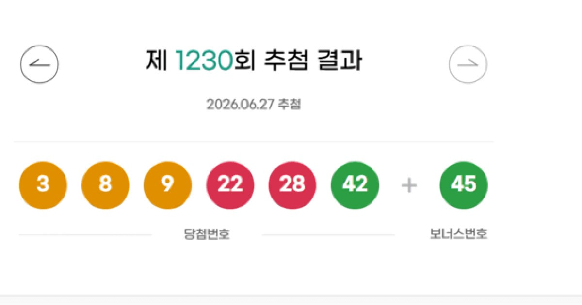 [오늘 로또]1,230회 로또 당첨번호 ‘3, 8, 9, 22, 28, 42’…2등 보너스번호 ‘45’