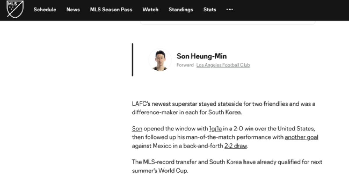 "SON, 韓 대표팀 경기에서 차이 만들어" MLS, 2골 1도움 손흥민 활약 '특급 조명'