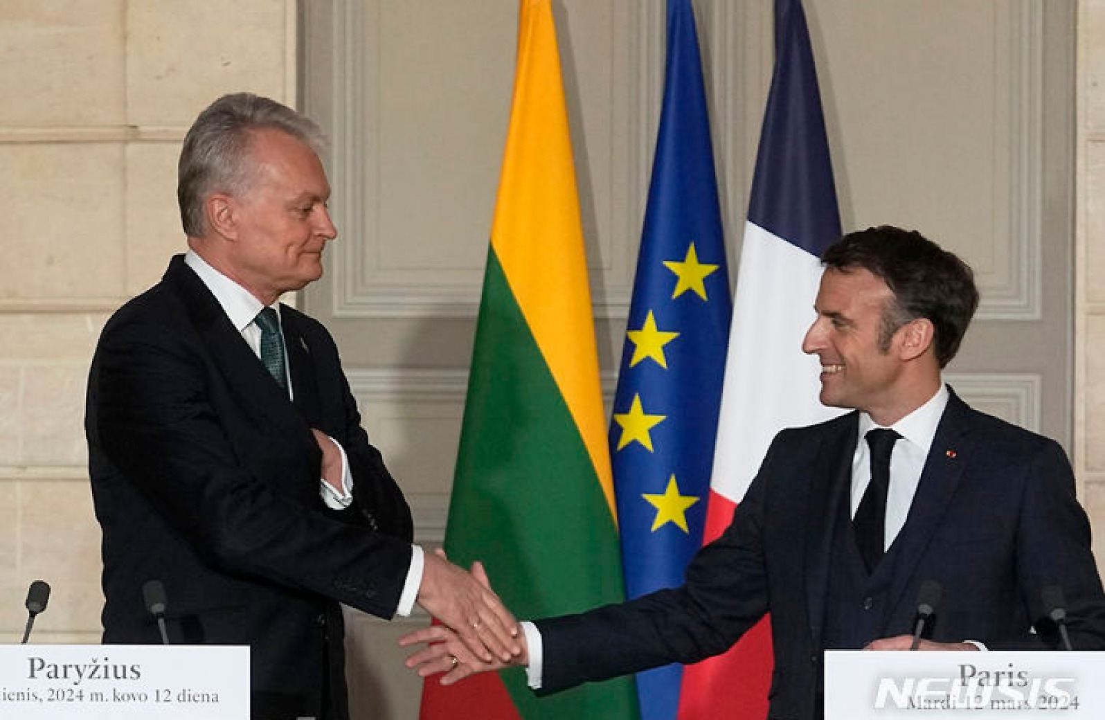 기자회견 후 악수하는 프랑스-리투아니아 정상