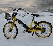 '얼어붙은 강가에 세워진 공공자전거'
