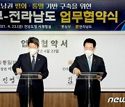 평화통일 플랫폼 구축 협약에 서명하는 이인영 장관과 김영록 지사
