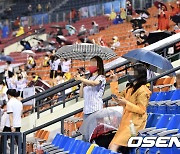 우산 쓰고 즐기는 야구 [사진]