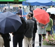 우산 쓴 코로나 검사 행렬