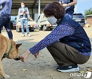 처음 보는 마당개와 손등 인사하는 한정애 환경부 장관