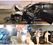 고속도로 터널입구서 승용차, 트럭 추돌 후 '불' 전소..운전자 2명 부상