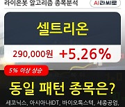 셀트리온, 장시작 후 꾸준히 올라 +5.26%.. 외국인 -34,529주 순매도 중