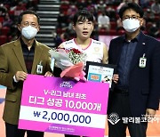 흥국생명 김해란, 프로배구 최초 디그성공 10,000개 달성.
