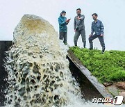 논밭에 고인 빗물 빼는 북한 농업 근로자들