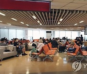 대만 타오위안 공항서 대체 편 기다리는 티웨이항공 승객들