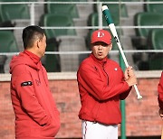 [포토] 김원형 감독 '배트 잡고 시범까지'