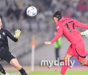 [MD포토] 헤딩슛 송민규 '아이슬란드 골키퍼는 무방비'