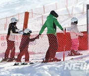 엄마 아빠 손잡고 스키 배우는 어린이들