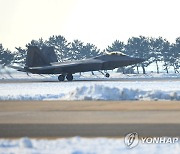 군산기지 착륙하는 미국 F-22 전투기