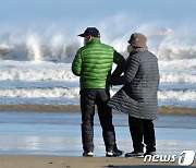 파도 구경하는 관광객들