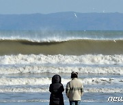 백사장으로 밀려오는 산더미 파도