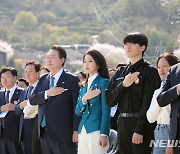 국기에 대한 경례하는 윤석열 대통령-김건희 여사