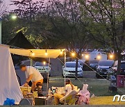 구미고아웃캠프 텐트에 켜진 야간 조명