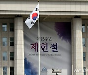 국회 본관에 설치되는 제75주년 제헌철 경축 현수막