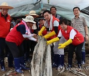 폐비닐 걷어내는 김기현 대표