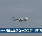 부산~싱가포르 노선, 오는 28일부터 운항 재개