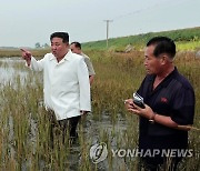 물에 잠긴 논에 들어간 북한 김정은