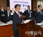 [포토]국정감사 증인선서하는 이학재 인천국제공항공사 사장과 피감기관 기관장들