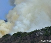 양구 국유림 산불 진화율 50%… 헬기 6대 투입 진화 재개