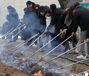 군밤 구워먹기 체험하는 관광객들